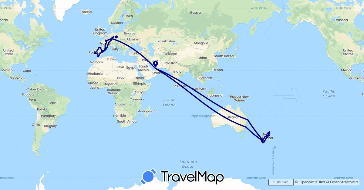 TravelMap itinerary: driving in United Arab Emirates, Australia, Germany, Spain, France, Gibraltar, New Zealand, Portugal (Asia, Europe, Oceania)